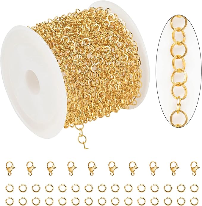 KYUNHOO 16.4 Feet Gold Plated Stainless Steel Jewelry Making Chains 4mm Circle Link Chain Bulk for Women Bracelet Necklace DIY Crafts Jewelry Supplies with Jump Rings and Lobster Clasps