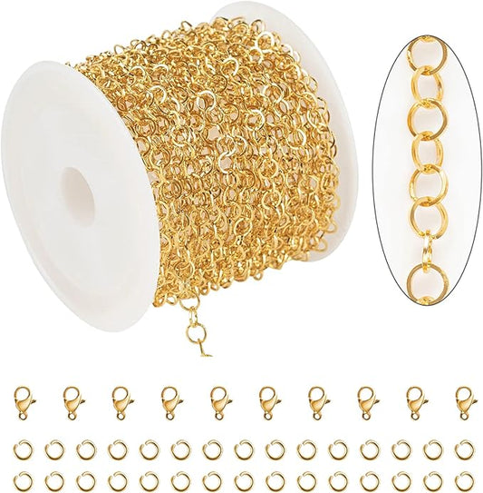 KYUNHOO 16.4 Feet Gold Plated Stainless Steel Jewelry Making Chains 4mm Circle Link Chain Bulk for Women Bracelet Necklace DIY Crafts Jewelry Supplies with Jump Rings and Lobster Clasps