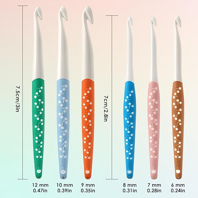 Froggod 6 Sizes Large Crochet Hooks Set, 6mm 7mm 8mm 9mm 10mm 12mm Crochet Hooks for Chunky Yarn, Long Ergonomic Crochet Needles with Rubber Handle