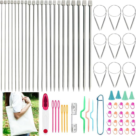 Hobekoee Knitting Needles Set,22Pcs 13.8" Straight Single Pointed Metal Knitting Needles Set and 10Pcs 40" Circular Knitting Needles Kit with Storage Bag for Beginners Knitting Lovers
