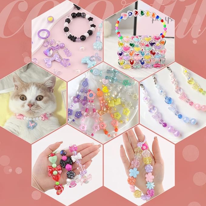 400-450pcs tinkrstuff assorted acrylic beads 6 mixed series cute beads for bracelet making, bow aesthetic gummybear flower butterfly kawaii charms for jewelry making diy necklace keychain phone charm