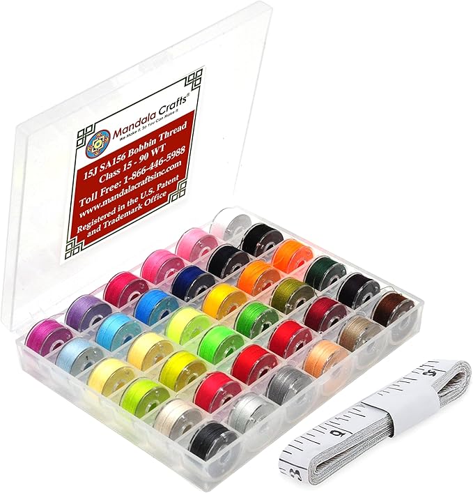 Mandala Crafts 36 Assorted Color SA156 Prewound Bobbins for Singer Sewing Machine -15J SA156 Prefilled Bobbin Thread for Brother Sewing Machine and Embroidery