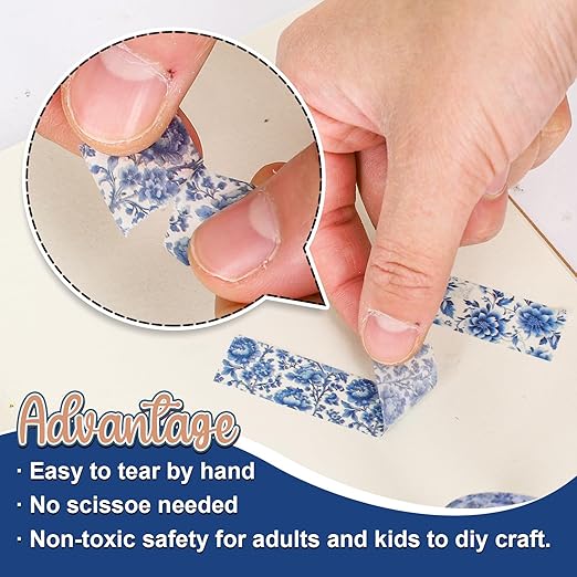 12 Rolls Blue Floral Washi Tape Chinoiserie Flower Bird Decorative Masking Tape Set Blue White Wrapping Paper Tape for Scrapbook Journal DIY Art Crafts