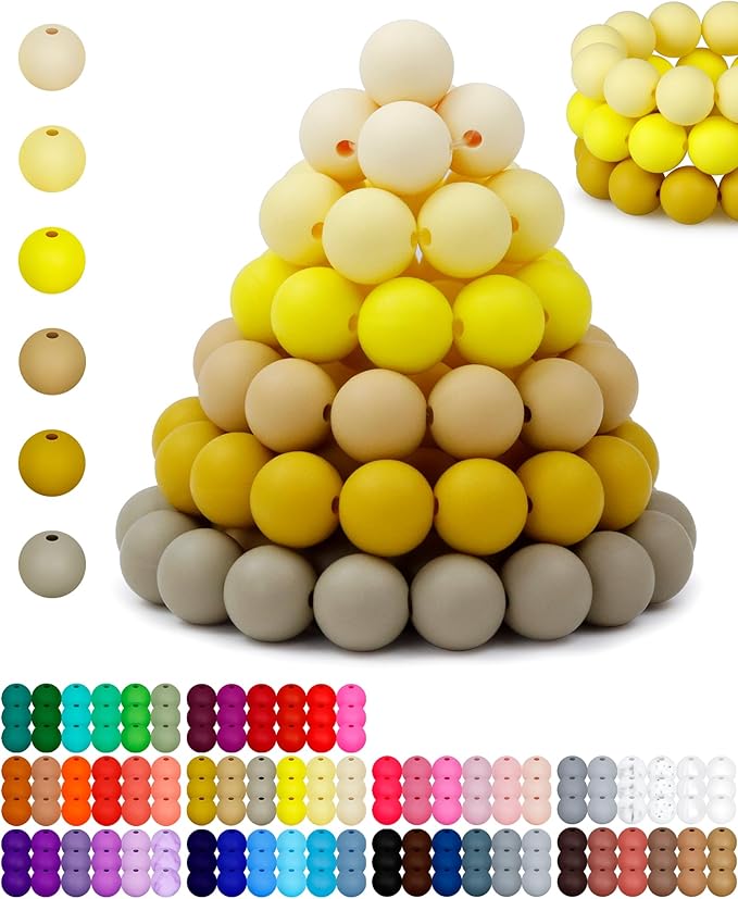 160pcs fiveizero silicone beads for keychain making, yellow mixed 6 colors round silicone beads bulk for pens, rubber bead for bracelets and diy crafts