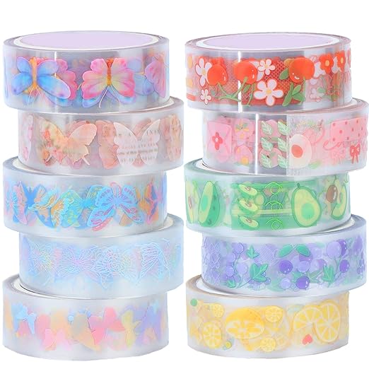 10 Rolls Waterproof Plastic Tape Cute 15mm Wide Self-Adhesive Tape Butterfly and Fruits Pattern Masking Clear Printed Sticker Lovely Gift for Scrapbook, Bullet Journal, Planner, Arts & Crafts-65.6 Ft