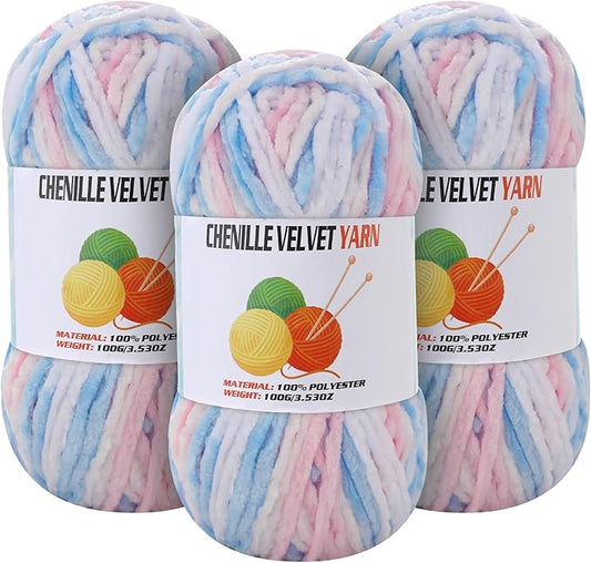 3 * 100g Velvet Chenille Chunky Yarn for Crocheting, Handcrafts Weaving Soft Chenille Yarn for Crocheting Clearance, Used for Making Baby Yarns Blanket, Clothes, Knitting Creations (Colorful - B)