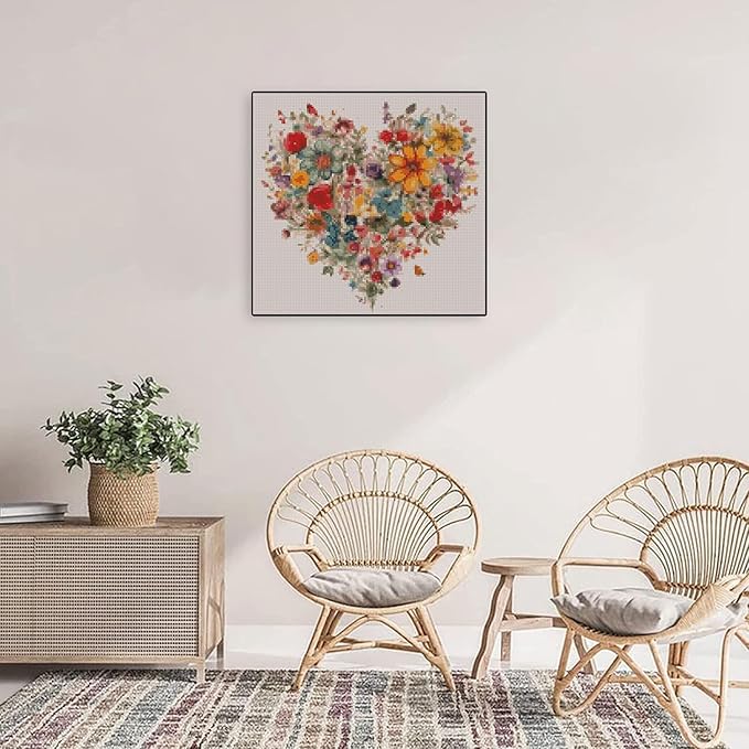 Valentine's Day Stamping Cross Stitch Kit, Flowers Counting Cross Stitch Kit for Adult Beginners , Full Line DIY Cross Stitch Stitching Kit for Home Decor Cross Stitch Patterns 13.7x13.7 inches