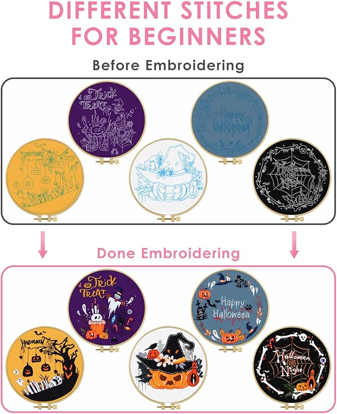 TINDTOP Halloween Embroidery Kit for Adult, 5 Pack Embroidery DIY Starter Kit, with Stamped Patterns, Hoop, Tools, Colorful Threads with Needles, Instructions