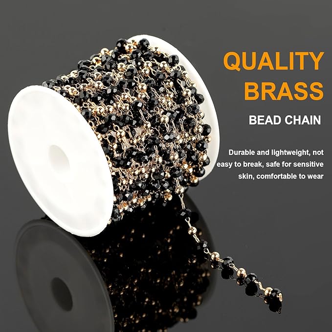 KYUNHOO 16.4 Feet Black Beaded Chain for Jewelry Making Gold Plated Brass Rosary Chain on Spool with Lobster Claps and Jump Rings for Women Necklace Bracelet Craft DIY