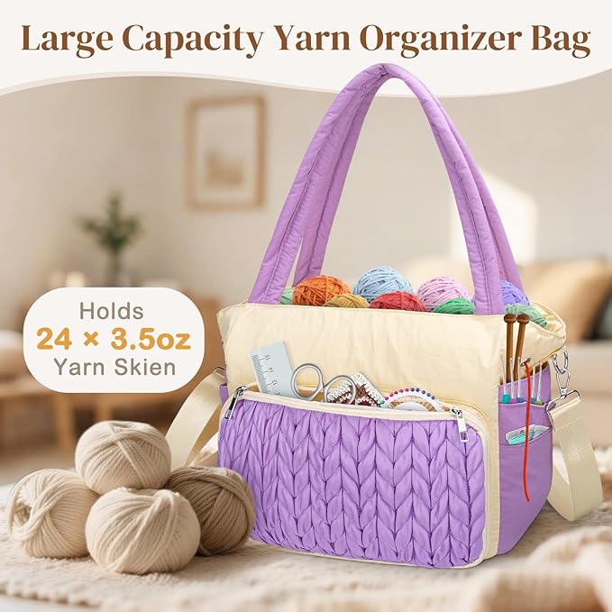 DALINDA Crochet Bag Organizer,Yarn Bag and Tote- Yarn Storage with Multiple Pockets for Crochet Supplies, Knitting Bag for gifts,Portable & Durable(Brown)