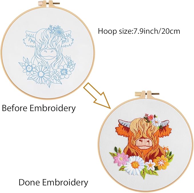 Louise Maelys Highland Cow Embroidery Kits for Beginners,Cross Stitch Kit for Adults,DIY Needlepoint for Starters Including Cloth Hoop Needles Instruction and Threads