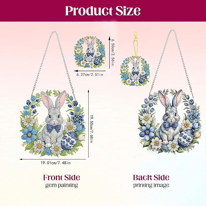 Masendp Easter Bunny Wreath Diamond Painting Double-Sided Hanging Ornament Set, DIY Irregular Shaped Rhinestone Window Decoration Set, Suitable for Home and Garden Wall Decoration Gifts
