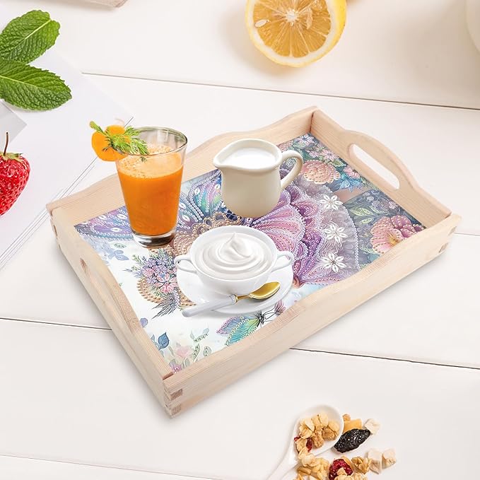DIY Diamond Art Tray with Handle Diamond Art Painting Plate Creative Design Handmade Wooden Tray Mosaic Making Kits by Number Kits Diamond Art for Coffee Living Room Home Organizer (Purple Elf)