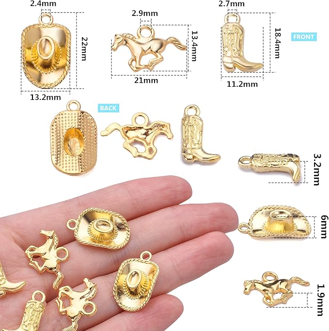 60pcs Gold Plated Western Themed Cowboy Charms Tibetan Alloy Cowboy Boot Horse Hat Pendants Charms Party Favors for DIY Earrings Bracelet Necklace Jewelry Making Findings, 3 Styles