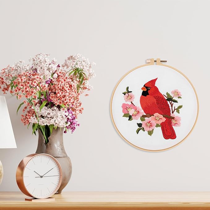 Louise Maelys Cardinal Embroidery Kits for Beginners with Bird Flower Pattern,Adults Starter Cross Stitch Kit DIY Needlepoint