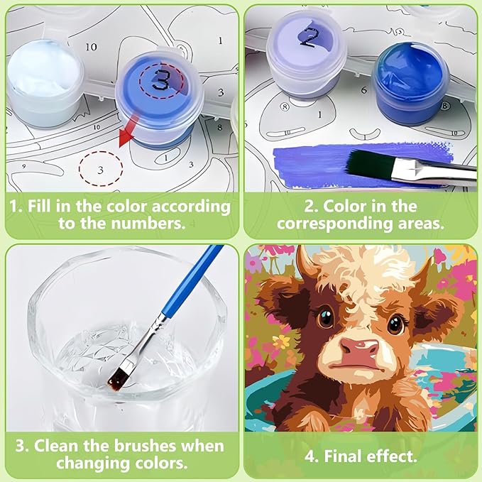 Reivworl Paint by Numbers Kit for Kids - with Frame and Easel, Cow Paint by Number Kids Age 6-8-12 Boys Girls, Paint by Numbers for Gifts and Decor (9.5X12Inch)