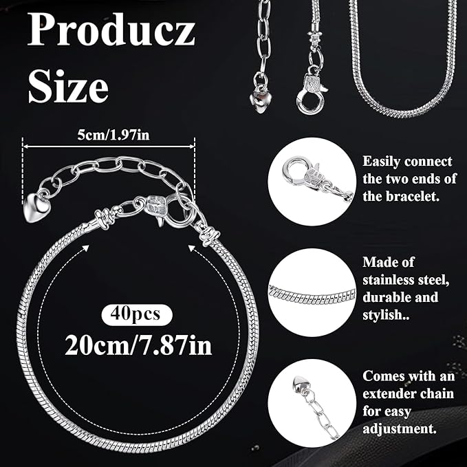 IANFAN 40 Pcs Snake Chain Bracelet Adjustable Snake Charm Bracelet with Heart Lobster Clasp Extender for Women Jewelry Making DIY Crafts Supplies, (7.87 Inch, Silver Stainless Steel)