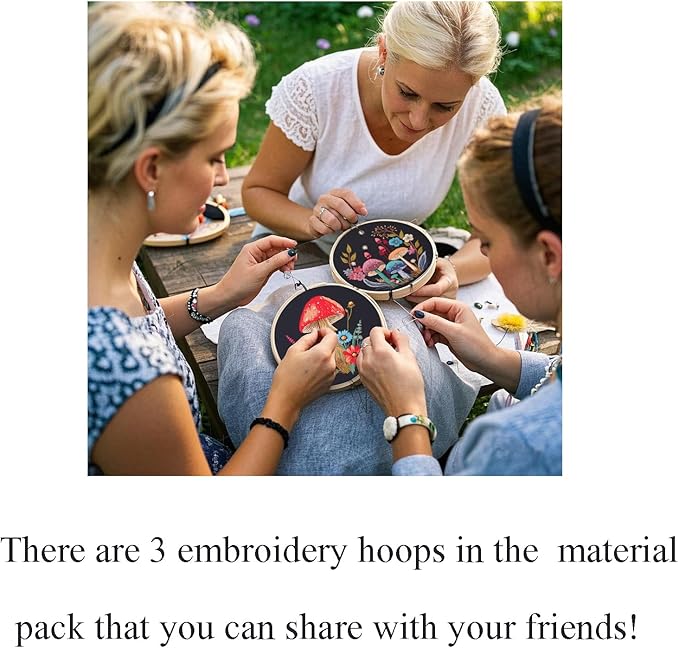 Myfelicity Embroidery Kit with Mushroom Patterns, 3 Hoops, Fabric, Threads, Needles, Instructions (Colorful)