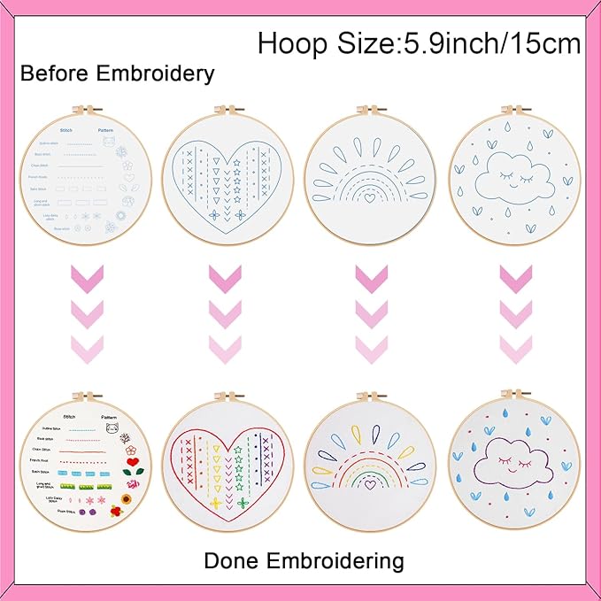Louise Maelys 12 Pre-Stamped Embroidery Kits for Beginners, Cross Stitch for Kids Girls,DIY Needlepoint Craft Sewing,Practice Kit Supplies,Funny Cute Pattern,Perfect for Ages 8-12