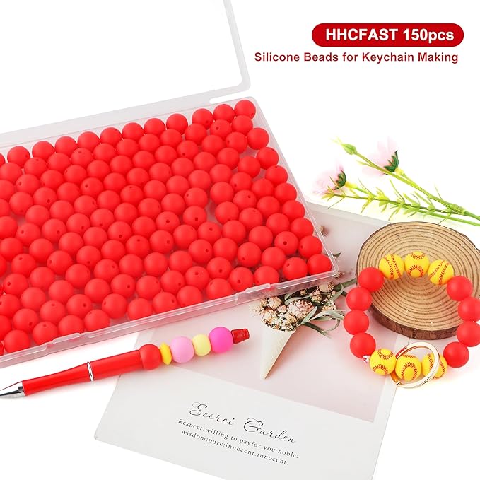 150Pcs 15mm Silicone Beads for Keychain Making Bracelet Necklace, Bulk Round Silicone Beads for Pens（Scarlet Red）