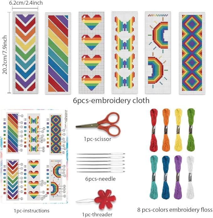 BEUNITONE Cross Stitch Bookmark Kit 6 Pcs Rainbow DIY Bookmarks Cross Stitch Kits for Adults Beginners Love Heart Pre-Sorted Floss Cross-Stitch Stamped Embroidery Kit with Instruction 8''x2.4''