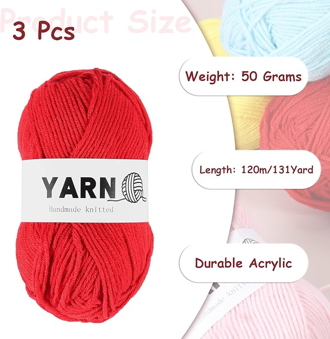 3Pcs Red Acrylic Yarn 400 Yard 4 Ply Soft Crochet Yarns Sport Weight Yarn,[for DIY Crocheting Knitting Craft Blankets Hats]-150g