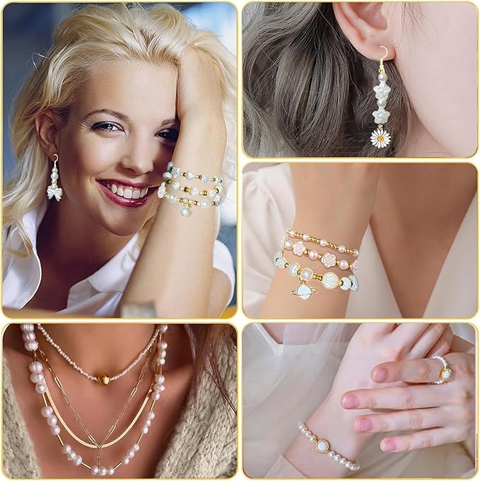 990Pcs ABS Imitation Pearl Beads for Jewelry Making, Assorted Heart Star Bow Flower Seashell Starfish Aesthetic Cute Bead for Bracelet Necklaces Earrings DIY Crafts Phone Charm Keychain