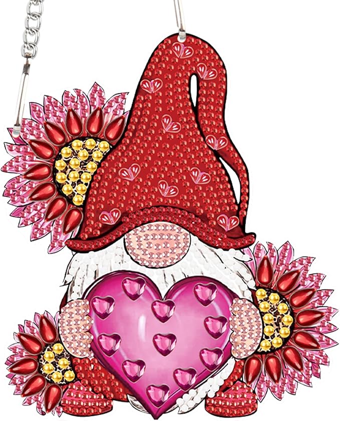 AiYuanzsh Love Gnome Diamond Painting Hanging Ornament, DIY 5D Diamond Art Pendant with Heart and Flowers, Special-Shaped Diamond Kit for Valentine's Day or Romantic Home Decoration