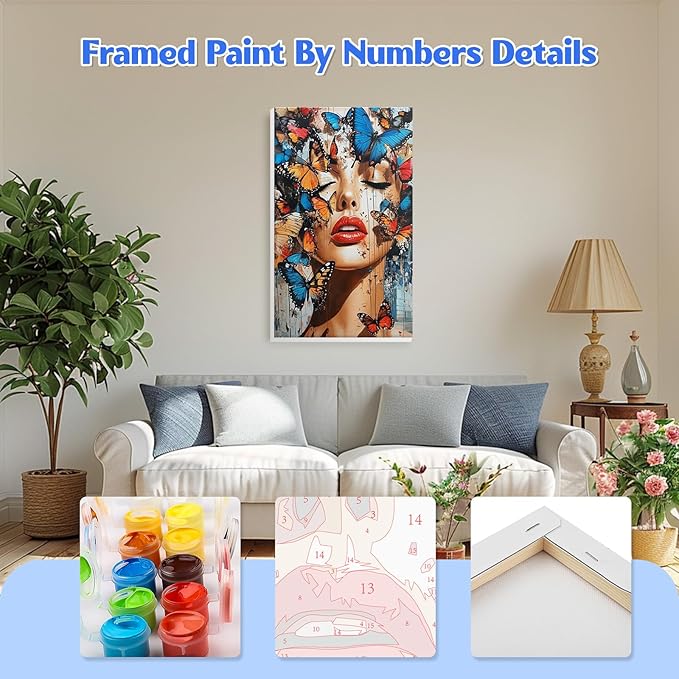 GHHKUD Butterfly Women Paint by Numbers Kits with Frame for Adults Beginners, DIY Paint by Numbers for Kids, Painting Art on Canvas Gifts Home Wall Decor 20x30cm