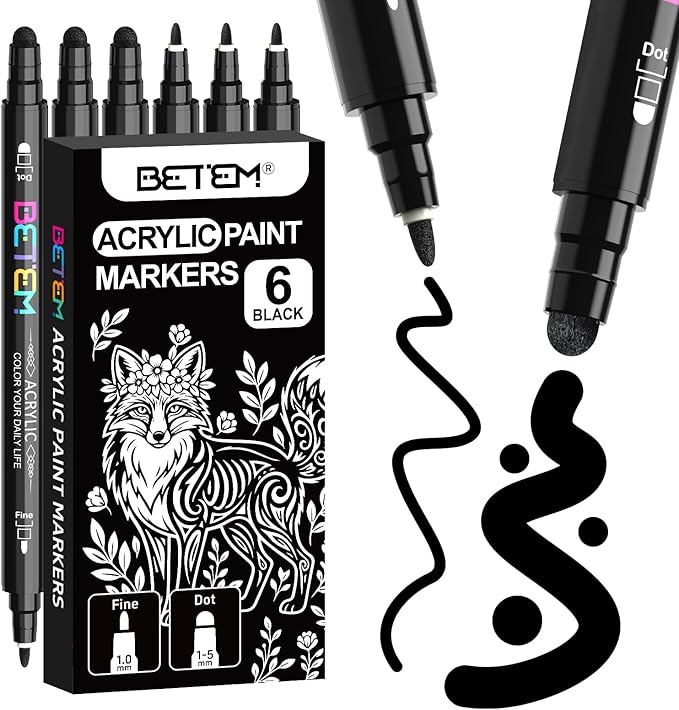 Betem 6 Black Dual Tip Acrylic Paint Pens Markers, Fabric Decorating Kits Premium Water-Based Acrylic Paint Markers for Fabric, Rock, Wood, Glass, Eggs, Canvas, Ceramic, Easter Basket Stuffers