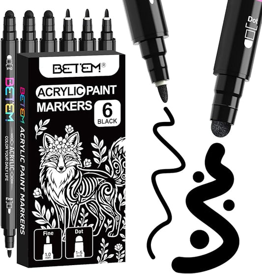 Betem 6 Black Dual Tip Acrylic Paint Pens Markers, Fabric Decorating Kits Premium Water-Based Acrylic Paint Markers for Fabric, Rock, Wood, Glass, Eggs, Canvas, Ceramic, Easter Basket Stuffers