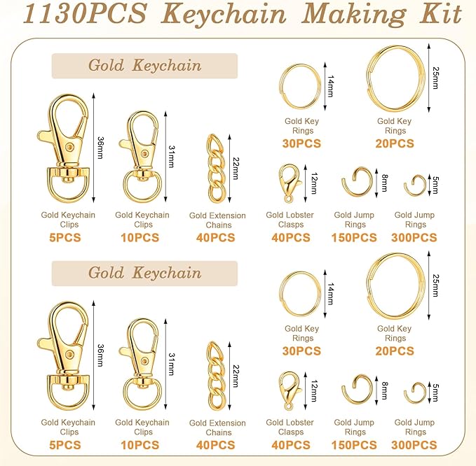 BESARME 1130PCS Keychain Making Kit Jump Rings for Jewelry DIY Key Chain Supplies with Keyrings Bulk, Metal Lobster Claw Clasp, Swivel Snap Hook, Extender Chain for Crafts Accessories（Gold）