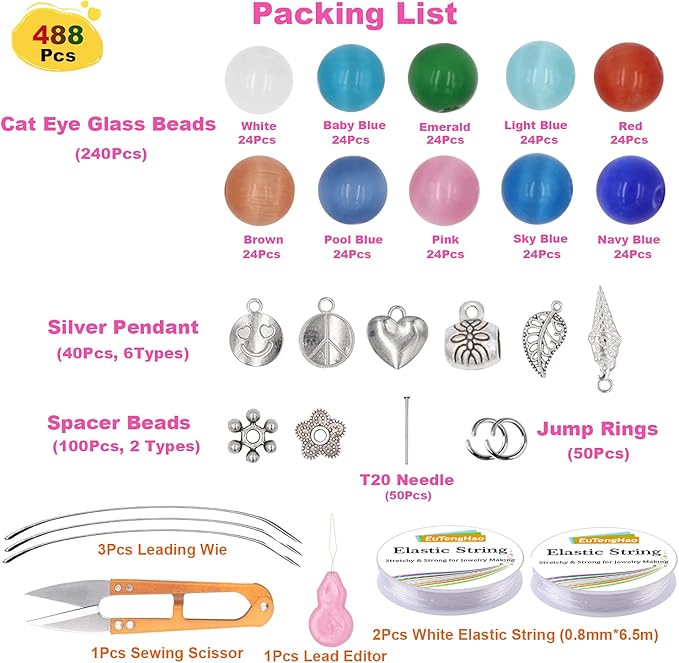 EuTengHao 488Pcs Cat Eye Glass Beads Set Natural Gemstone Round Loose Stone Beads with Pendant Accessories Open Jump Ring Spacer Beads Bracelet String for Bracelet Necklaces Crafting Earrings Jewelry