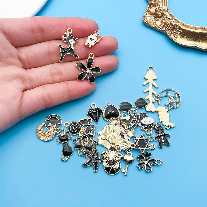 Youdiyla 60pcs Alloy enamel black series fixed set Pendant Jewelry Making DIY Keychain Earrings Pendant Various Design Charms for Jewelry Making Bracelets Necklace (HK550)