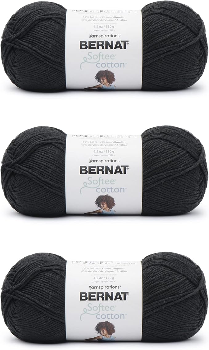Bernat Softee Cotton Black Yarn - 3 Pack of 120g/4.25oz - Nylon - 3 DK (Light) - 254 Yards - Knitting, Crocheting & Crafts