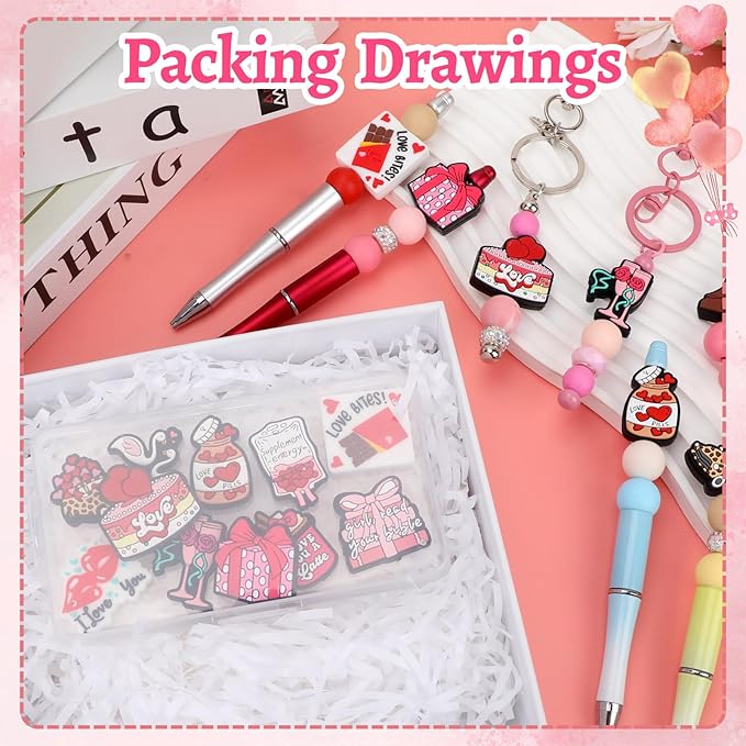12PCS Valentine Silicone Beads for Pens, 12Pcs Silicone Focal Beads for Keychain Making DIY Handicraft（Valentine）