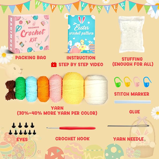 MAGIMUSE Crochet Kit for Beginners, Crochet Starter Kits for Adults Amigurumi Craft Knitting Crochet Animals Kits w Step-by-Step Video Tutorials, Easter Bunny/Chick/Eggs(40%+ Yarn)