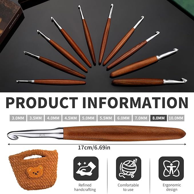 Lunarm 8mm Crochet Hook, Ergonomic Aluminum Crochet Hook with Wood Handle Available in 3mm-10mm for Arthritic Hands DIY Craft Knitting Dolls, Bouquets, Blankets, Hats, Gloves from Various Yarns