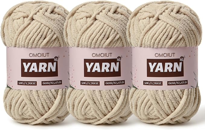 3 Packs Plush Chenille Chunky Crochet Yarn - Baby Yarn for Crocheting Soft - Velvet Yarns Knitting for Blankets Crafts - Fluffy Amigurumi Yarns 150g / 196.8yds (3 Light Khaki)