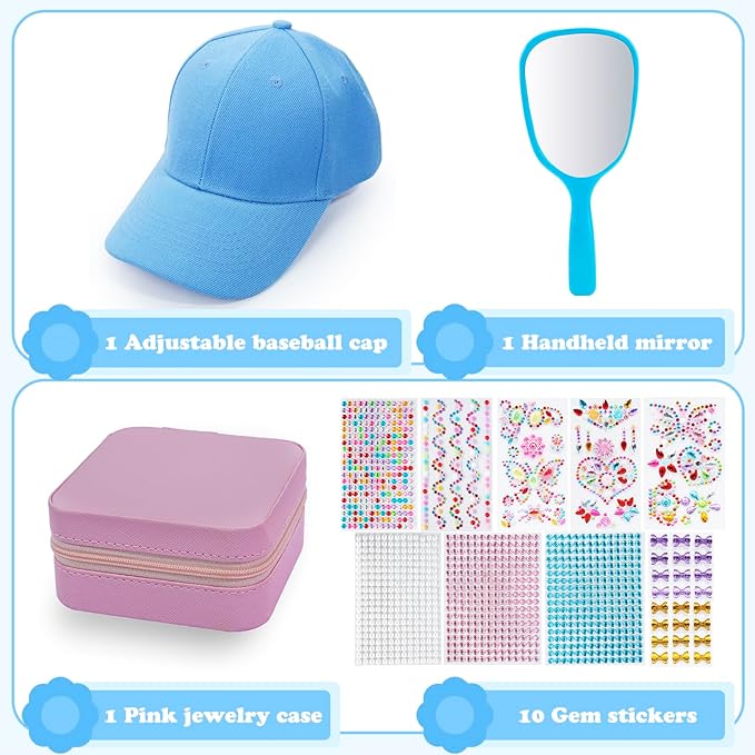 Christmas Gifts for Girls Decorate Your Own Baseball Cap with 10 Sheets Gem Stickers, DIY Arts and Crafts Kit for Kids 4 5 6 7 8 9 10 11 12 Years Old, Girls Handheld Mirror Jewelry Case (Blue)
