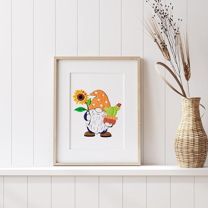 Nuberlic Sunflower Embroidery Kit for Beginners, Full Set of Stamped Gnome Cross Stitch Kit for Adults Including Threads, Hoops and Instruction