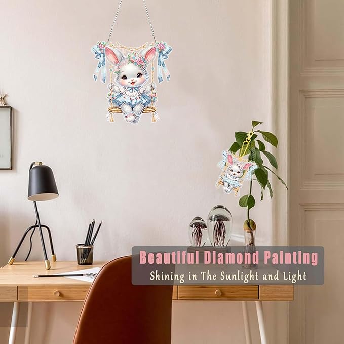 Masendp Easter Bunny Diamond Painting Double-Sided Hanging Ornament Set, DIY Irregular Shaped Rhinestone Window Decoration Set, Suitable for Home and Garden Wall Decoration Gifts