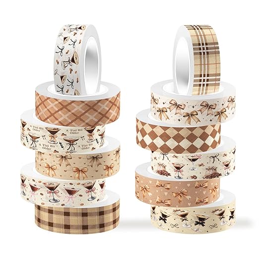 12 Rolls Martini Washi Tape, Vintage Brown Checkered Bow Masking Tape, Martini Coffee Decorative Sticker for Birthday Party Afternoon Tea Holiday Scrapbook Journal DIY Craft Gift Wraps 16.4FT
