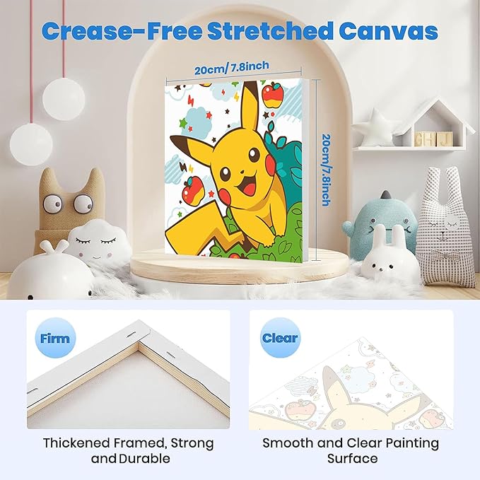 KOJEFCV 4 Pack Cartoon Paint by Numbers for Kids with Framed Canvas-with Wooden Easel, Paint by Number for Kids Ages 4-8-12, DIY Easy Acrylic Oil Painting Kits for Home Wall Decor (8X8inch)