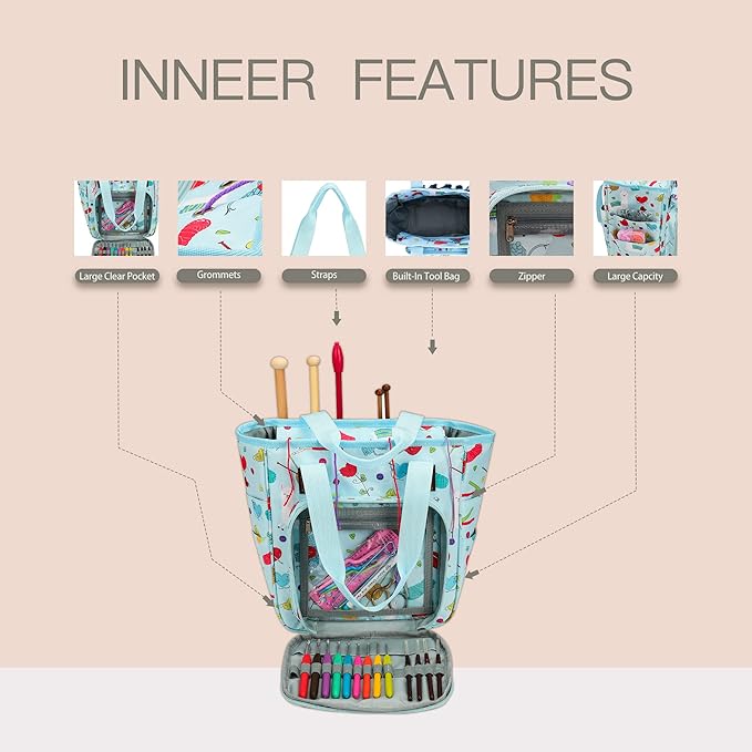 LOOEN Yarn Knitting Storage Tote-Large Capacity Crochet Organizer Portable Travel Bag with Shoulder Strap Crochet Hooks Case for Unfinished Bulk Project