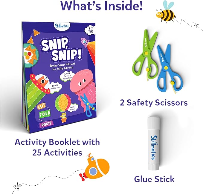 skillmatics scissor skills activity book - snip snip, 25 fun cutting & creative activities, 2 child-safe scissors, felt craft kit, classroom valentine’s day gift for kids ages 3, 4, 5, 6, 7