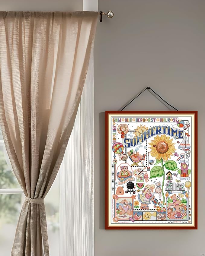 CaptainCrafts New Cross Stitch Kits Embroidery Kit Full Range Pre-Printed and Counted Fabrics Kits for Adults Beginners Home Decor (White Cloth Unpreprint 14CT, Summer time)