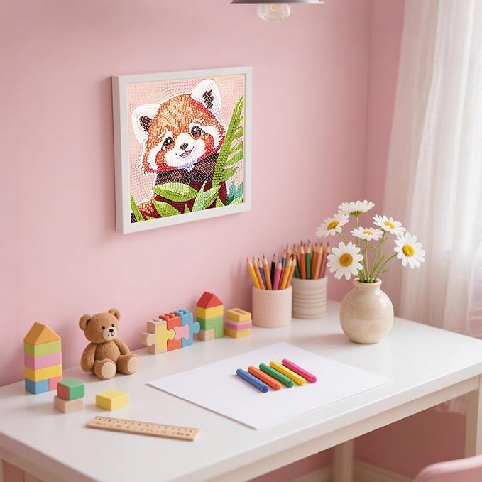 FlyingMage 5D Diamond Art Painting Kits with Wooden Frame, Cute DIY Diamond Art Mosaic Kits for Adults Women Teen, Kawaii Diamond Crafts Arts Full Drill Diamond Dots (Orange Red Panda)