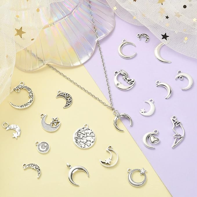 DanLingJewelry 100Pcs Mixed Styles Antique Silver Moon Charms Tibetan Moon and Star Charms for Crafting Jewelry Findings Making