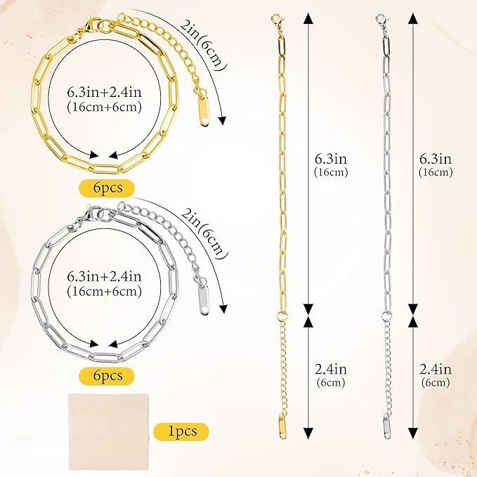Starry 12 PCS Charm Bracelet Kit 18K Gold Plated Charm Bracelet Making Kit 6.3Inch Paperclip Chains Bracelets with Lobster Clasps Extender Chain DIY Adjustable for Jewelry Making (Gold & Silver)